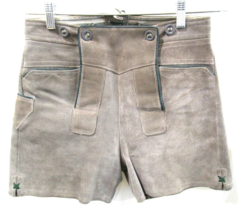 Vintage Lederhosen Grey Suede Leather Shorts Boy's Junior Sz L, 28" Waist